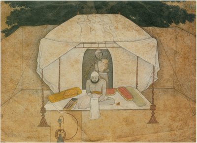 Balwant Singh píše vsedě na táborovém lůžku od Nainsukh