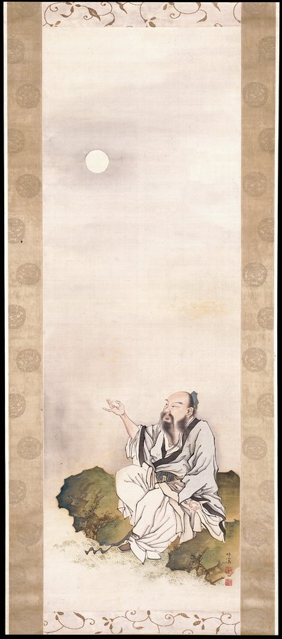 Gentleman Beholding The Moon (inkoust a barva na hedvábí) od Nakabayashi Chikkei