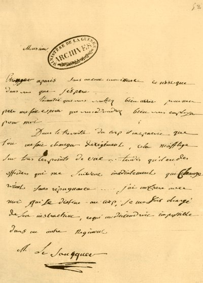 Dopis Napoleona Le Saucquerovi, válečnému úředníkovi, 3. června 1791, 1921. od Napoleon Bonaparte I
