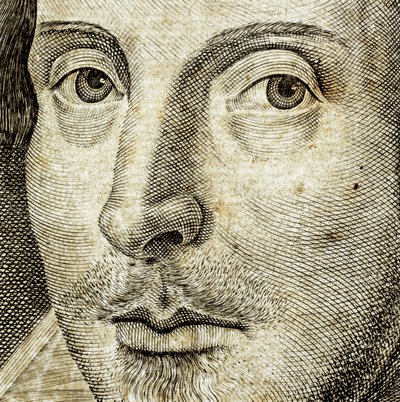 Detail portrétu Williama Shakespeara na frontispisu knihy Komedie, historie a... od Nathan Benn