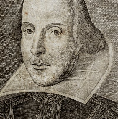 Detail portrétu Williama Shakespeara na frontispisu knihy Komedie, historie a... od Nathan Benn