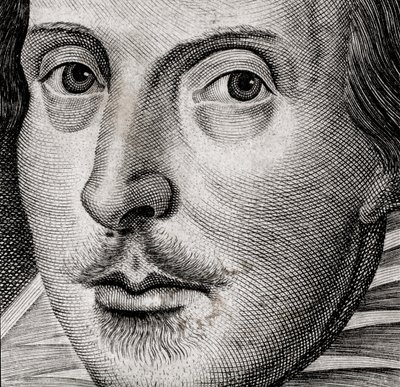 Detail portrétu Williama Shakespeara na frontispisu knihy Komedie, historie a... od Nathan Benn