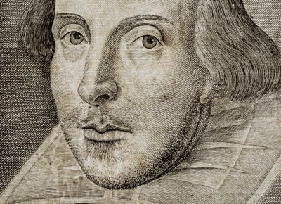 Detail portrétu Williama Shakespeara na frontispisu knihy Komedie, historie a... od Nathan Benn