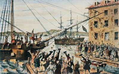 Boston Tea Party, anglické čajové truhly hozené přes palubu v Boston Harbor kolonisty, 16. prosince od Nathaniel (after) Currier