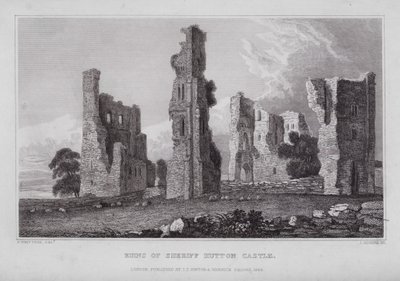 Ruiny hradu šerifa Huttona (rytina) od Nathaniel (after) Whittock