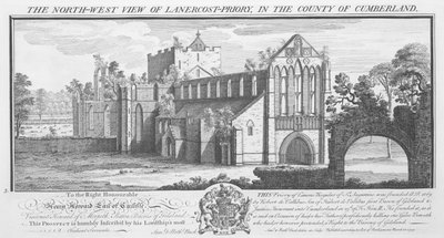 „North West View of Lanercost Priory v hrabství Cumberland“, 1739 od Nathaniel Buck