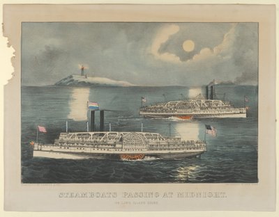 Parníky proplouvající o půlnoci - na Long Island Sound, 1872-74., 1872-74. Tvůrci: Nathaniel Currier, James Merritt Ives, Currier a Ives. od Currier and Ives