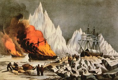„Spalování vraků, abychom se vyhnuli nebezpečí pro ostatní plavidla“, z The American Whale Fishery od Nathaniel Currier