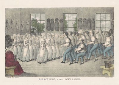 Shakeři u Libanonu, asi 1830 (ručně kolorovaná litografie) od Nathaniel Currier