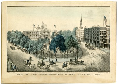 Pohled do parku, fontána a radnice, NY 1851, 1851 od Nathaniel Currier