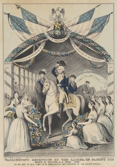 Washingtonova recepce dámami při průchodu mostem v Trentonu, duben 1789, na jeho cestě k inauguraci prvního prezidenta Spojených států od Nathaniel Currier