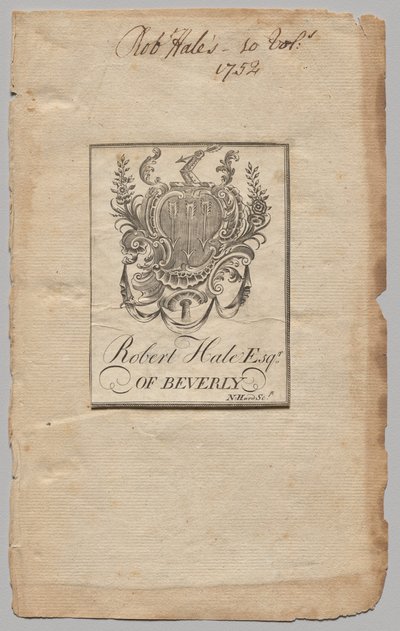 Bookplate:  Coat of Arms with Robert Hale, Esq. inscribed   1231606   cs       czech Successfully Translated  Original: ""Paysage antique avec tombe de Phaeton"" (Antique landscape with the Phaethons tomb) Clymene pleurant sur la tombe de son fils. Peintur od Nathaniel Hurd