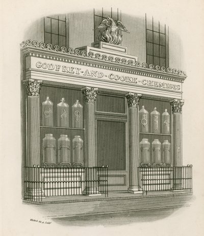 Prodejna před Godfrey a Cooke, Chemists, Conduit Street, Londýn od Nathaniel Whittock