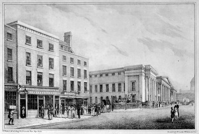 Pohled podél Aldersgate Street a St Martin-le-Grand ke katedrále St Pauls, kolem roku 1830 od Nathaniel Whittock