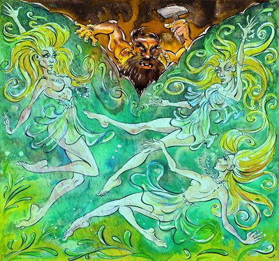 Alberich a Rhinemaidens - ilustrace 