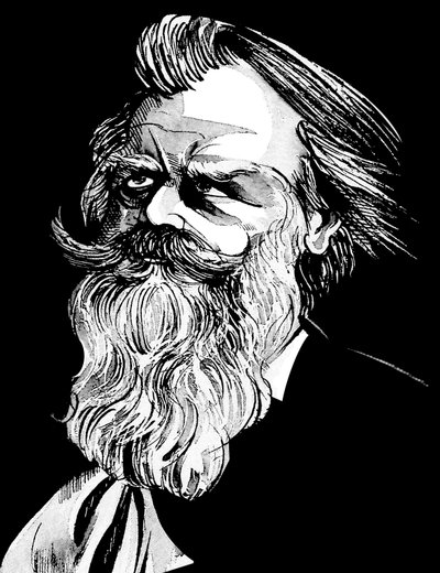 Johannes Brahms, německý skladatel (1833-97), akvarelová karikatura šedého tónu od Neale Osborne