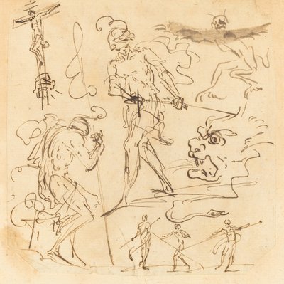 List studií s vojákem tasícím meč, krucifix, monstrózní zvířata a další figurky od Neapolitan 17th Century