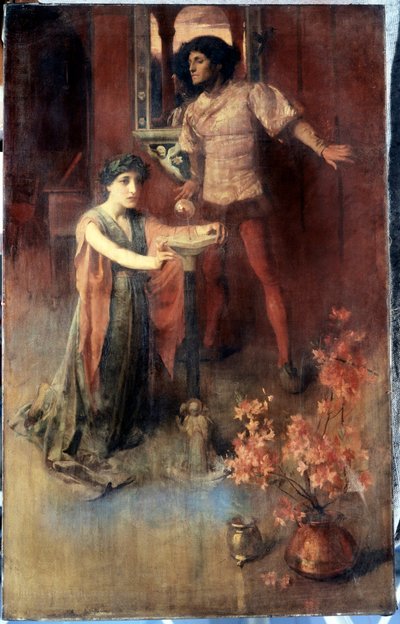 "Žena klečí před křišťálovou koulí, za ní čeká muž se směsicí strachu a zvědavosti. Obraz Nelly Erichsenové (činné asi 1882-1893) Soukromá sbírka od Nelly Erichsen