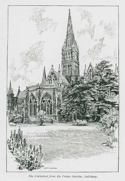 Katedrála z palácové zahrady, Salisbury (litografie) od Nelly Erichsen