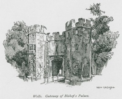 Wells, brána biskupského paláce (litografie) od Nelly Erichsen