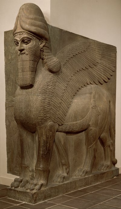 Okřídlený lev s lidskou hlavou (lamassu), cca 883–859 př. n. l. (sádrovec alabastr) od Neo Assyrian