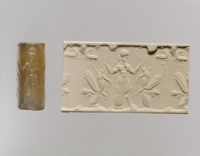 Válcová pečeť a moderní dojem: mužská postava dominující okřídleným lvům s lidskou hlavou, c. 8.–7. století př. n. l. (chalcedon) od Neo Assyrian Neo Assyrian
