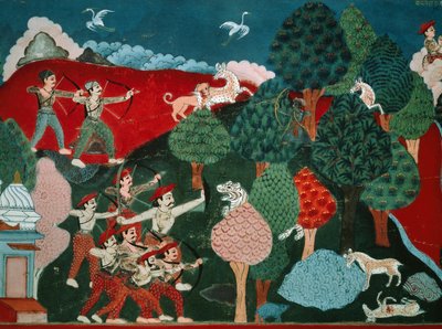 Král tráví dny zabíjením ubohých gazel bez důvodu, později, v jiném životě, je gazela a je zabit lovcem, detail ze Swayambhu Purany, důležitý buddhistický posvátný text v Nepálu, kvaš, Nepál Nepálská civilizace od Nepalese School