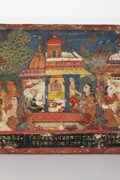 Detail z obálky buddhistického rukopisu (neprůhledné wc na dřevě) od Nepalese School
