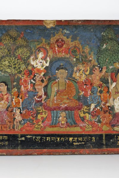 Detail z obálky buddhistického rukopisu (neprůhledné wc na dřevě) od Nepalese School