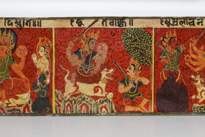 Detail z obálky rukopisu Devimahatmya (neprůhledné wc na dřevě) od Nepalese School