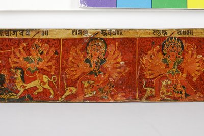 Detail z obálky rukopisu Devimahatmya (neprůhledné wc na dřevě) od Nepalese School