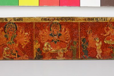 Detail z obálky rukopisu Devimahatmya (neprůhledné wc na dřevě) od Nepalese School