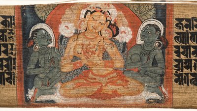 Folio 2r Goddess Prajnaparamita, z Astasahasrika Prajnaparamita (inkoust a barvy na palmových listech a dřevě) (detail 430760) od Nepalese School