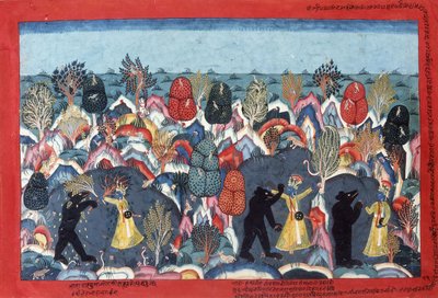 Krishna Fighting Jambavata, král medvědů, c. 1775 od Nepalese School