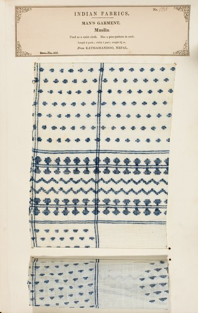 Vzorek mušelínu z Kathamandoo v Nepálu, ze sbírky The Collection of the Textile Manufacturers of India od Johna Forbese Watsona, vydané v roce 1866. od Nepalese School
