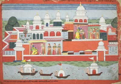 Rukmini žádá Krišnovo povolení navštívit svého bratra Rukmu, stránka z rukopisu Bhagavata Purana, kolem roku 1775 od Nepalese School