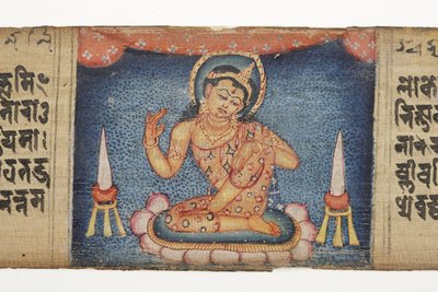 Sedící bódhisattva z Gandavyuha (neprůhledné wc a inkoust na palmovém listu) od Nepalese School