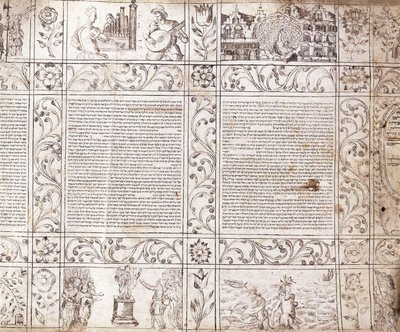 Iluminovaný rukopis sefardským písmem, zobrazující výjevy z holandského života a bible s květinovými kartušemi, 17. století od Netherlandish School