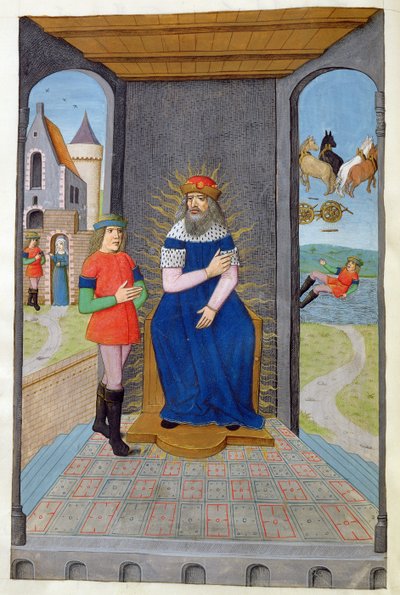 Ms 324 f.25 v. Phaeton si vypůjčí vůz od svého otce a je zabit, z Metamorphoses 2 od Ovidia, 1479 od Netherlandish School
