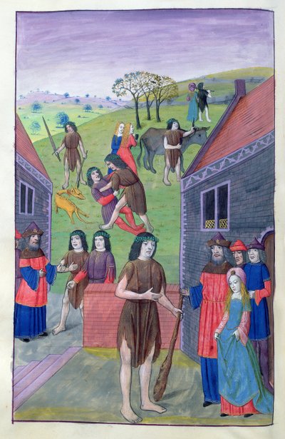 Ms 324 f.91 v. Hercules bojuje s Achelousem a bere býka za roh, 1479 od Netherlandish School