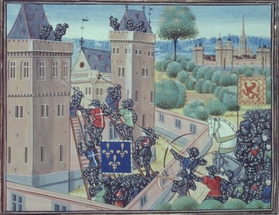 Royal 18 E.1 fol.345 Dobytí hradu Wark Francouzi a Skoty, z knihy II 