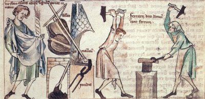 Sloane 3983 fol. 5 Kováři při práci, z „Knihy astrologie“ (vellum) od Netherlandish School