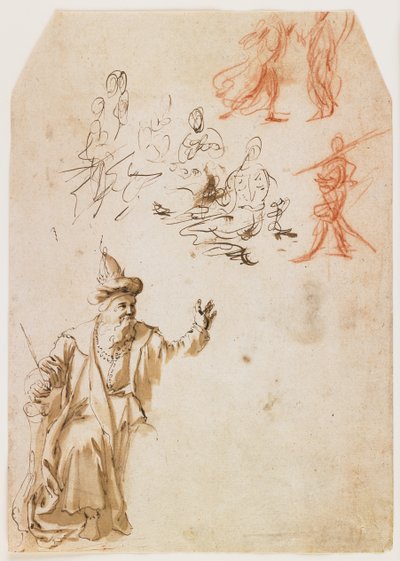 Studie starozákonního proroka a další figurální studie (recto); Studie mužské postavy s provazem (verze) (pero a hnědý inkoust a mytí, červená a černá křída) od Netherlandish School
