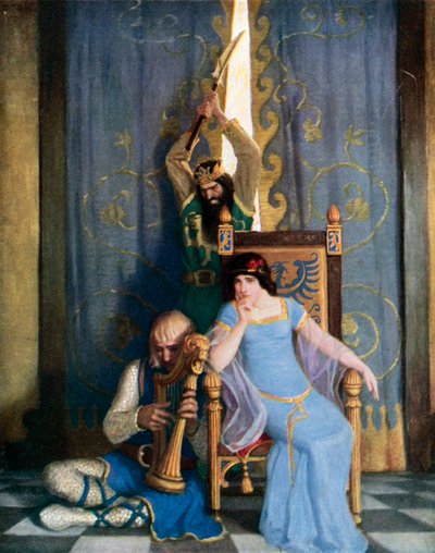 Král Mark zabil urozeného rytíře sira Tristrama, když seděl a harfoval před svou paní Isoldou (barevná litografie) od Newell Convers (after) Wyeth