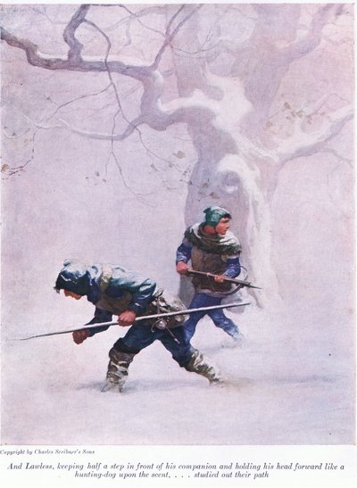 A Lawless držel půl kroku před svým společníkem a držel hlavu vpřed jako lovecký pes na vůni - studoval jeho cestu, 1916 od Newell Convers Wyeth