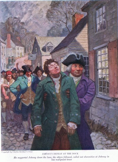 Johnnyho porážka v doku: Podpořil Johnnyho v uličce. Ostatní následovali a v nízkých zlomyslných tónech vyvolávali obscénnosti, 1928 od Newell Convers Wyeth