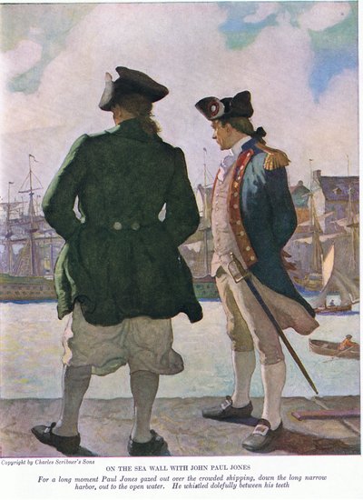 Na mořské zdi s Johnem Paulem Jonesem: John Paul se na dlouhou chvíli zadíval na lodní dopravu podél přístavu až na otevřené moře , 1928 od Newell Convers Wyeth