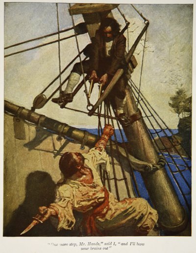 Ještě jeden krok, pane Hands, řekl jsem, a vystřelím vám mozek z hlavy, ilustrace z knihy "Ostrov pokladů" od Roberta Louise Stevensona, vyd. Charles Scribner