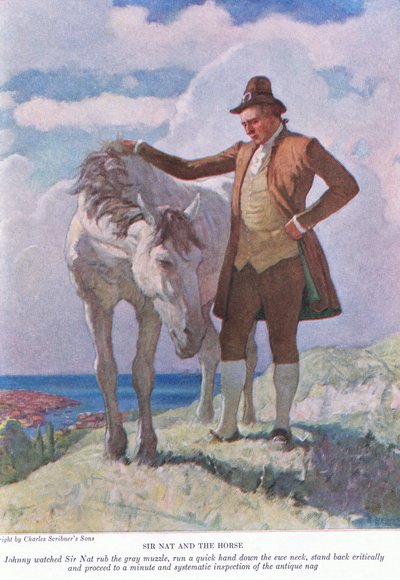 Sir Nat a kůň: Johnny sledoval, jak sir Nat tře šedou tlamu; ustupte a pokračujte k minutové a systematické inspekci, 1928 od Newell Convers Wyeth