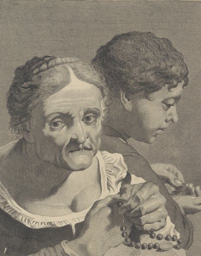 Rubová kopie staré ženy s růžencem a chlapcem počítajícím mince, deska 10 fr..., ca. 1750-90. od Niccolò Cavalli